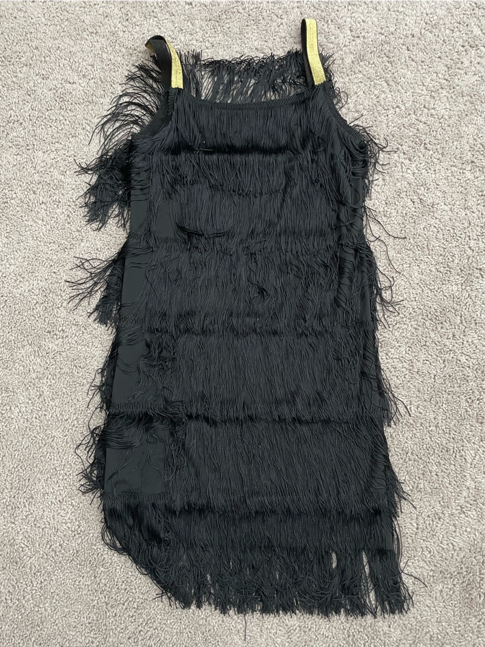 Black Tiered Fringe Flapper Mini Dress Gold Glitter Metallic Straps XS